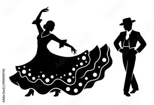 Black silhouette of a couple performing traditional Spanish flamenco dance with woman wearing a long ruffled polka dot dress