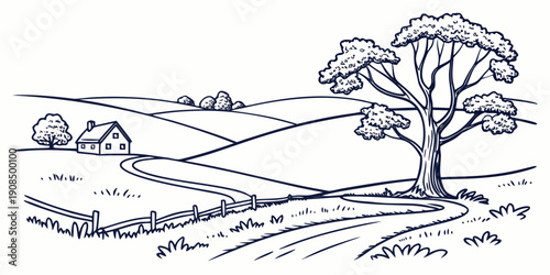 A serene countryside landscape with trees and rolling hills under a clear sky