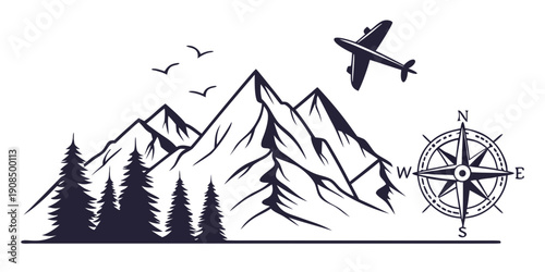 A serene mountain landscape with a compass and a flying plane.