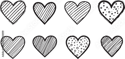 Hand drawn heart doodle set with different patterns including stripes and dots for Valentines Day and romantic wedding design elements