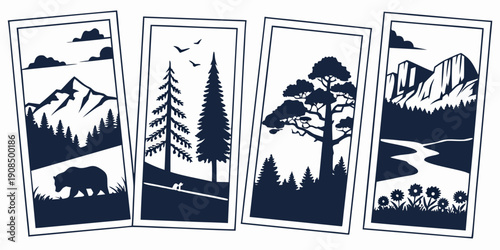 A serene collection of forest and wildlife illustrations in a nature-themed card set