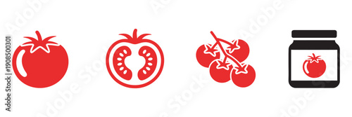 Tomato collection vector illustration, fresh whole and sliced tomatoes, vine tomatoes, jar of sauce, culinary ingredient, healthy food icon design