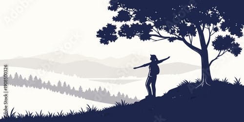 Silhouette of a person standing on a hill with a tree and landscape