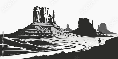 Majestic rock formations tower over a vast desert landscape under a clear sky