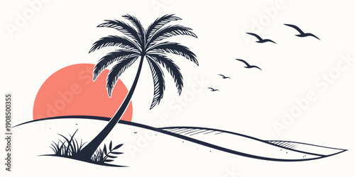 A serene beach scene with palm trees and a setting sun