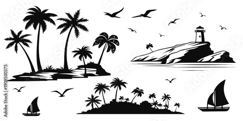 Tropical islands with palm trees and sailboats in a serene ocean setting