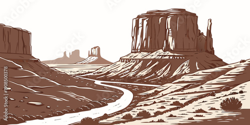 A solitary tree stands tall in a vast desert landscape with towering rock formations