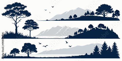 Serene landscape with trees and mountains in the distance.