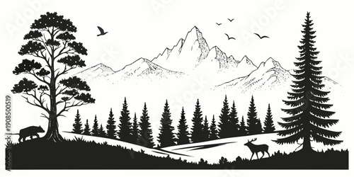 A serene forest landscape with mountains in the background and a clear lake in the foreground.