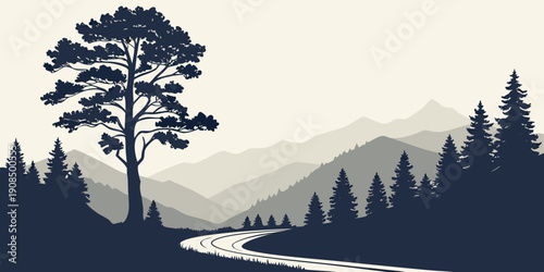 A serene winding road through a forest leading to majestic mountains in the background
