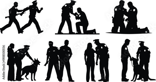Police officers and civilians in various actions silhouettes black