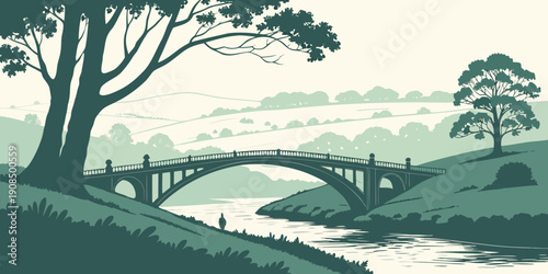 A serene landscape featuring a bridge over a calm river with lush greenery.