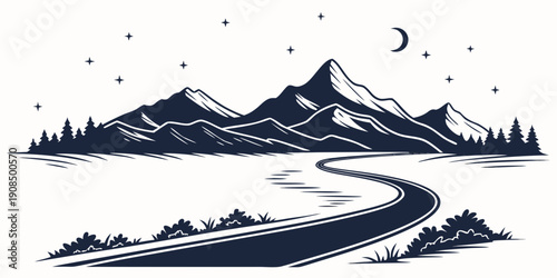 A winding road through a serene mountain landscape under a starry night sky.
