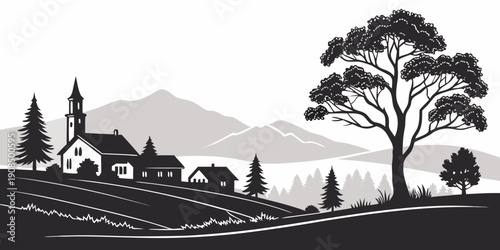 A serene landscape with a horse-drawn carriage traveling through a picturesque countryside.