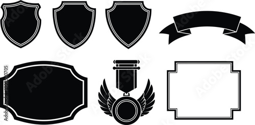 Black and white shield and label emblem