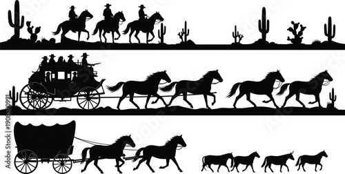 Cowboy riders, stagecoach horses, covered wagon, desert cactus, western travel, frontier lifestyle, old west illustration, vintage transport, wild west, silhouette art