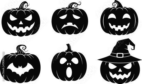 Black silhouette halloween pumpkins with various facial expressions jack-o-lanterns