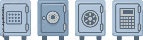 Bank safe vault icons set showing secure metal safes with combination lock, wheel lock and keypad, flat vector illustration for security concepts