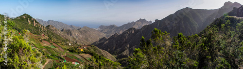Tenerife, Canary Islands, Spain: aerial and panoramic view of the Anaga Rural Park, national park and protected mountainous, forested and coastal area in the northeastern tip of the island