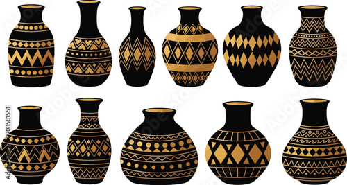 Black and gold decorative vases with geometric tribal patterns, symmetrical ornamental vector illustration for cultural art, traditional design and fashion interiors