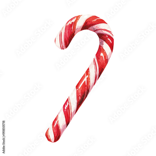 Isometric watercolor rendering of Christmas Candy Cane, isolated on a clean white background.