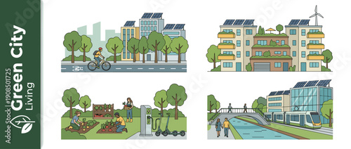 Green City Living Illustration Set Featuring Sustainable Urban Life with Solar Panels, Wind Turbines, Eco-Friendly Public Transport, Cycling, Community Gardening, and Renewable Energy Solutions.