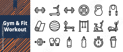 Gym and Fitness Workout Icon Set with Dumbbell, Treadmill, Barbell, Kettlebell, Jump Rope, Yoga Mat, Exercise Ball, Weight Bench, Stationary Bike, Elliptical, Boxing Gloves, and Protein Shaker.