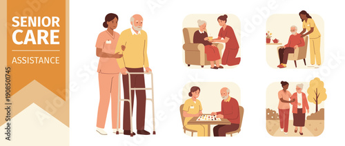 Comprehensive Senior Care Assistance Vector Set Showing Professional Caregivers Supporting Elderly Men and Women with Walking, Socializing, Health Monitoring, and Daily Living Activities.