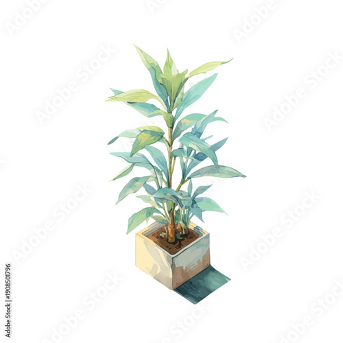 Isometric watercolor rendering of Ti Plant, isolated on a clean white background.