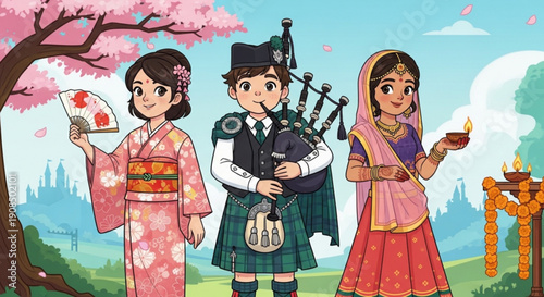 Diverse cultural celebration with traditional clothing from around the world