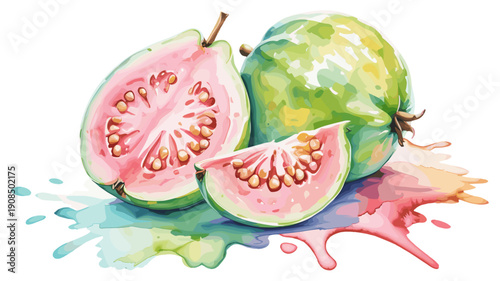 guava fruit painted in watercolor with sliced halves, Juicy tropical guava watercolor illustration