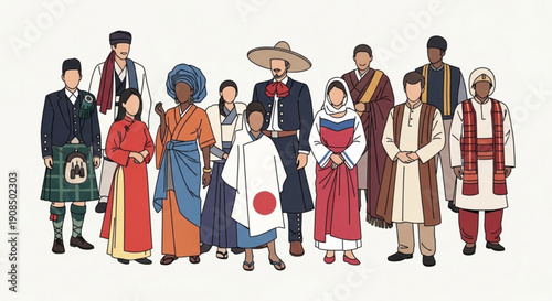Diverse group of people wearing traditional cultural clothing from around world standing together