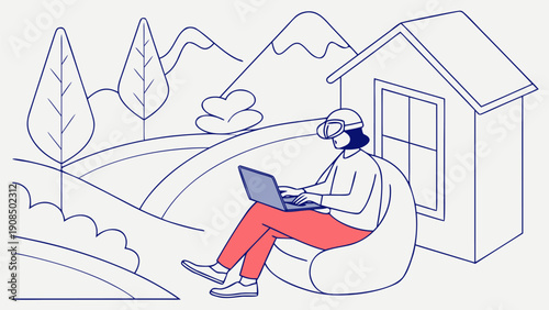 Freelancer working remotely on laptop while traveling and enjoying scenic mountain view from home office