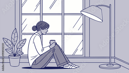 A woman sits by a window with a cup lost in thought dim lamp beside her reflecting on the day