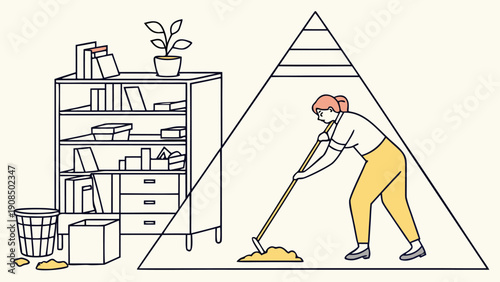 Person cleaning and decluttering their workspace with a broom and trash can