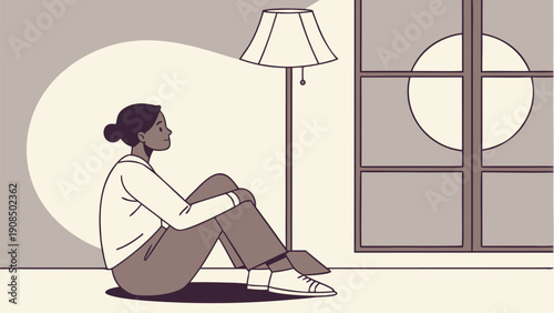 A person sits on floor with reflection in dimly lit room with lamp and window