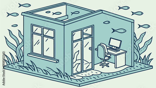 Underwater home office with fish swimming outside remote workspace concept illustration