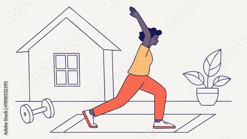 Person exercising lightly at home with dumbbell and plant stretching in a healthy lifestyle routine