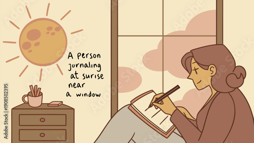 Woman journaling at sunrise by window morning routine peaceful atmosphere reflection planning mindfulness calmness serenity inspiration writing creativity