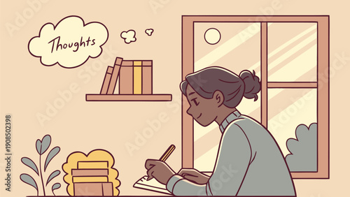 Woman journaling at sunrise near a window with books and plants peaceful morning routine
