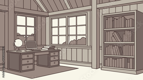 Home office built inside a library room with books and desk