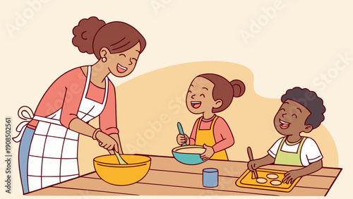 Happy family cooking together in the kitchen with aprons on baking fun and bonding over food