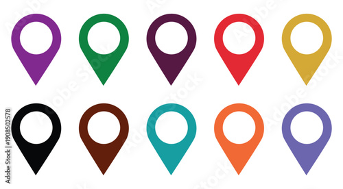 Vector illustration of 10 colorful location pin icons. Map marker symbol Vector set with isolated on white background