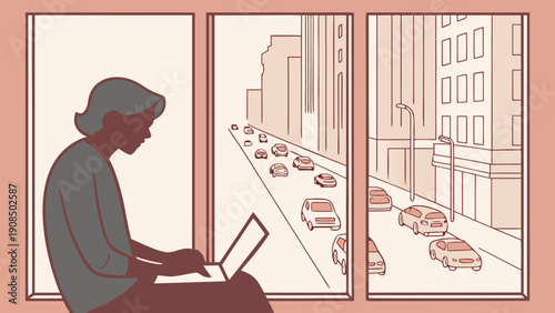 Freelancer working from home with laptop overlooking busy city street through large window