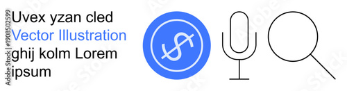 Business planning, digital tools, financial analysis, voice recording, communication, search functionalities. Blue dollar sign, microphone symbol magnifying glass. Financial analysis and digital