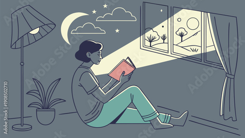 Person reading book at night sitting by window with moonlight shining in