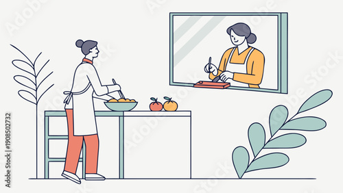 Remote worker cooking while attending virtual meeting on video call in kitchen with fruits and bowl of food