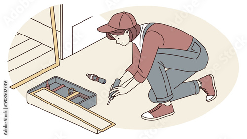 Person repairing a broken household item with a screwdriver and tool box in a domestic setting