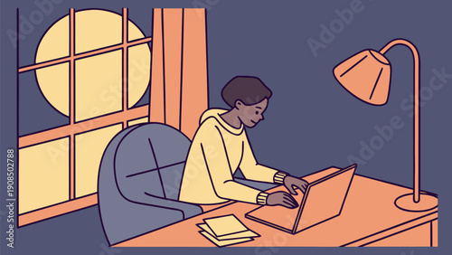Young adult student working late from home on laptop by desk lamp with books and window