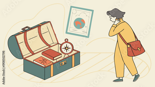 Traveler packing suitcase with compass map and luggage planning adventure trip